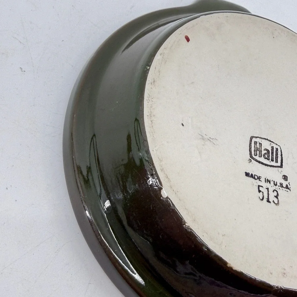 Hall Ceramic Baking Dish 513 Unisex Green White Vintage Tab Handle Stoneware